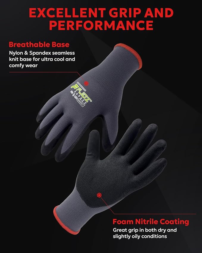 Work Gloves with Grip,12 Pairs Thin Breathable MicroFoam Nitrile Coated Durable Touchscreen Glove Men Women