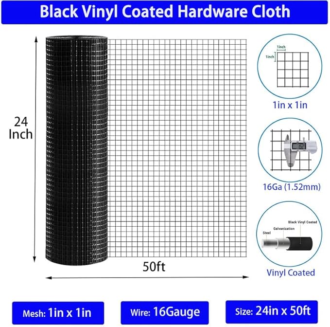 Hardware Cloth 1 inch Black Vinyl Coated Wire Mesh 24" x 50' Welded Wire Fencing 16Gauge, PVC Coating Chicken Wire Fence,Welded Wire Mesh Roll for Garden Guard Fence Poultry Cage Net Fencing