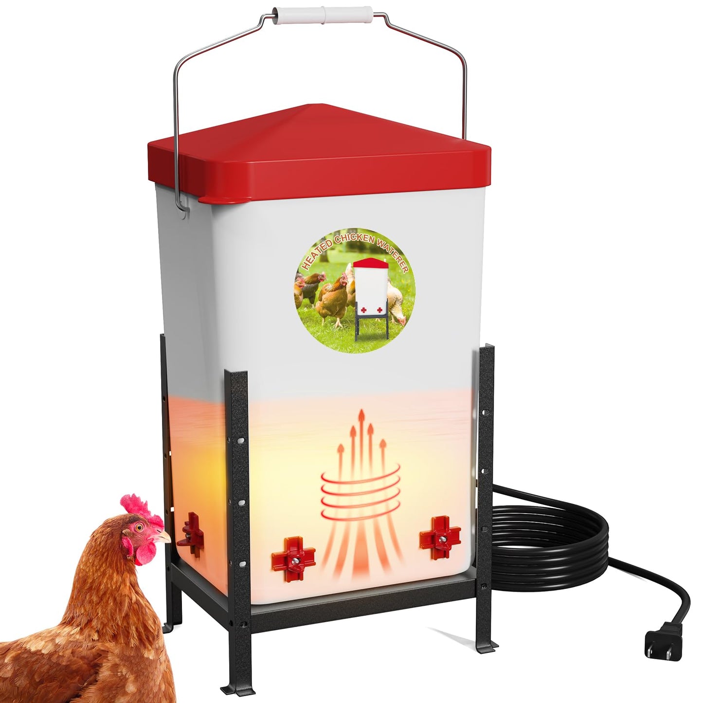 Nexum 2 Gallon Heated Chicken Waterer - Outdoor Unfrozen Poultry Drinker for Winter with 4 Nipples and Adjustable Stand Automatic Chicks Water Bucket (Red, 3 Gallon)