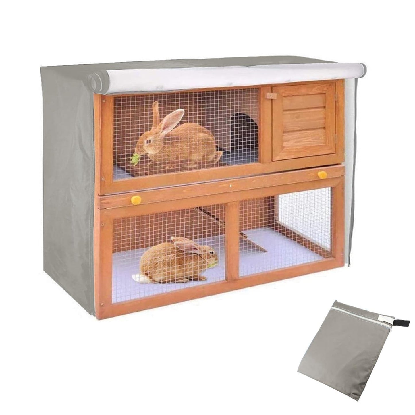 Rabbit Hutch Cover Outdoor Waterproof Pet Cage Dust Cover for Winter, Double Decker Bunny Hutch Protection with Visible Window & Vent Holes, 210D Oxford Dust-Proof Cover for Poultry Cage (Grey)