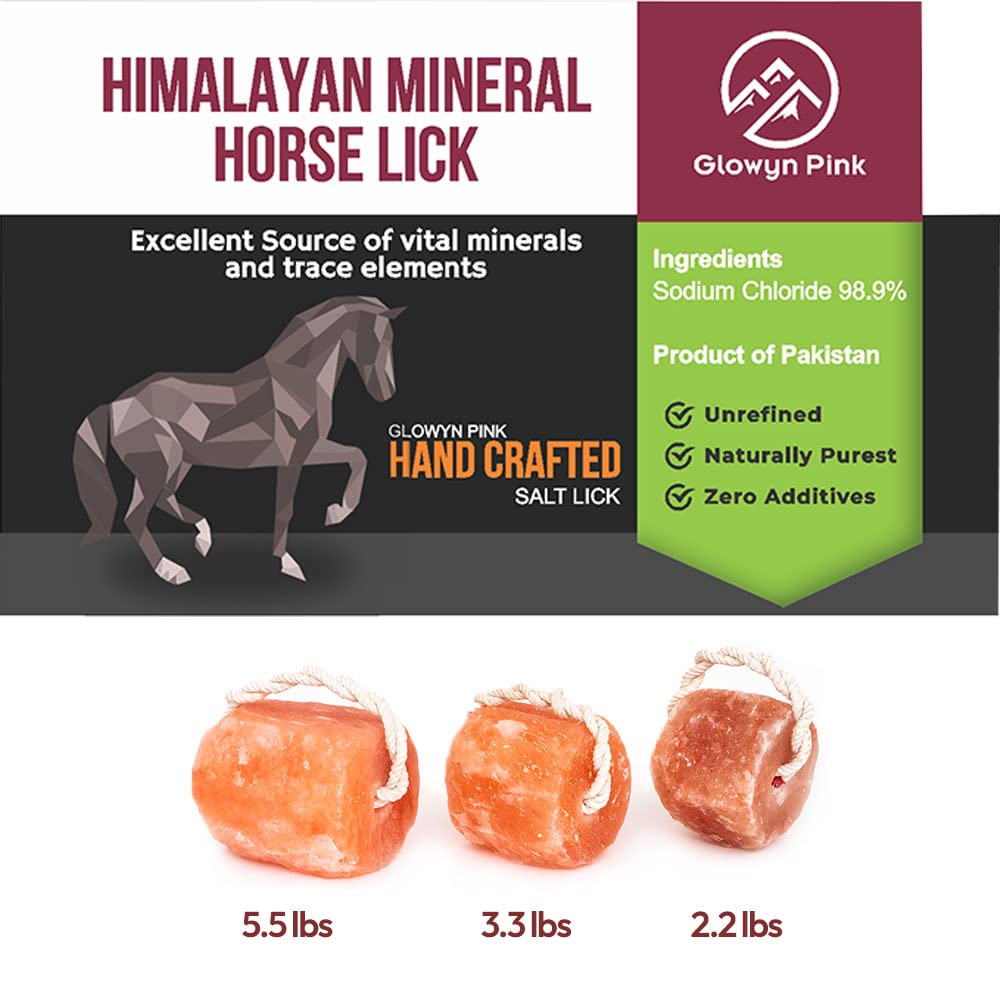 Glowyn Pink Himalayan Pink Salt Lick Pack of 3 (6lbs Each Block)- Mineral Salt Block on Rope 100% Organic Pink Salt Block for Horses Deer and Live Stock. Deer Attractant for Deer Hunting