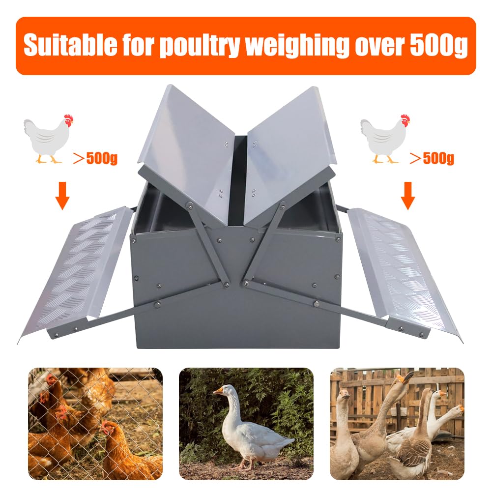 Automatic Chicken Feeder Treadle Feeding Trough, No Waste 25lbs Large Capacity Capacity Double-Side Treadle Auto Poultry Feeder, with Weatherproof Lid for for 6-12 Hens Fowl Duck