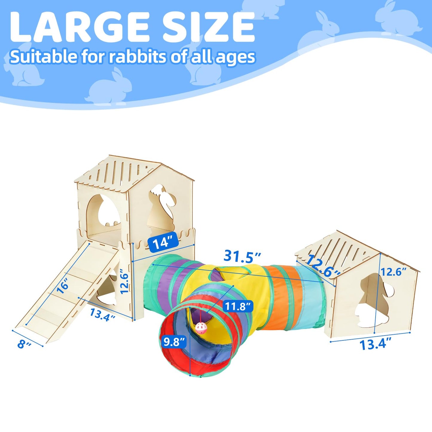 Extra Large Sturdy Rabbit Hideout with 3 Way Tunnels, Wooden Bunny Castle with Stairs, Rabbit Hideout Castle Tower Toys for Indoor Outdoor Play
