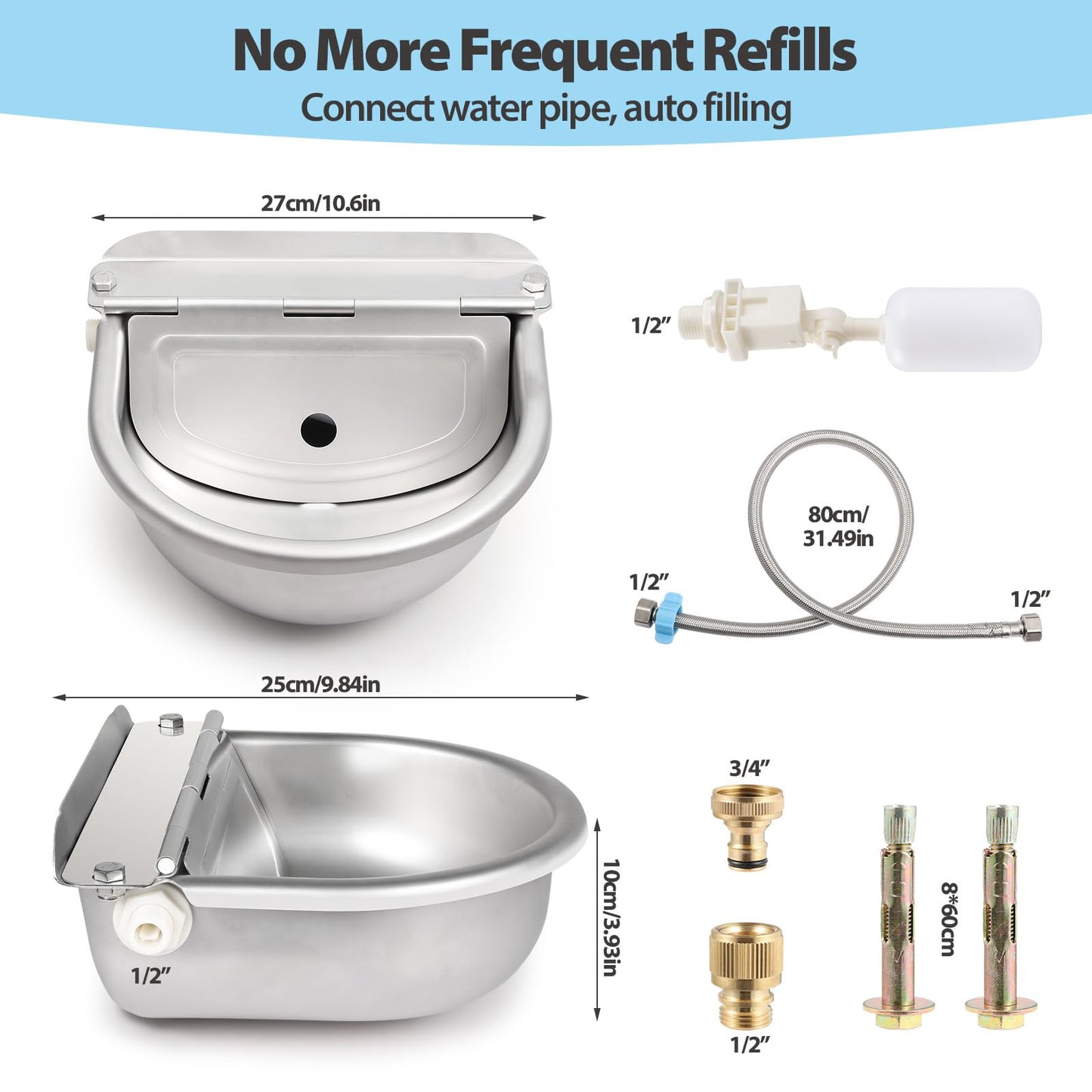 Automatic Water Dispenser for Chicken, 304 Stainless Steel Outdoor Auto Fill Waterer Bowl Self Refilling Watering System with 2 Float Valves and Drainage Hole for Chicken,Duck,Poultry