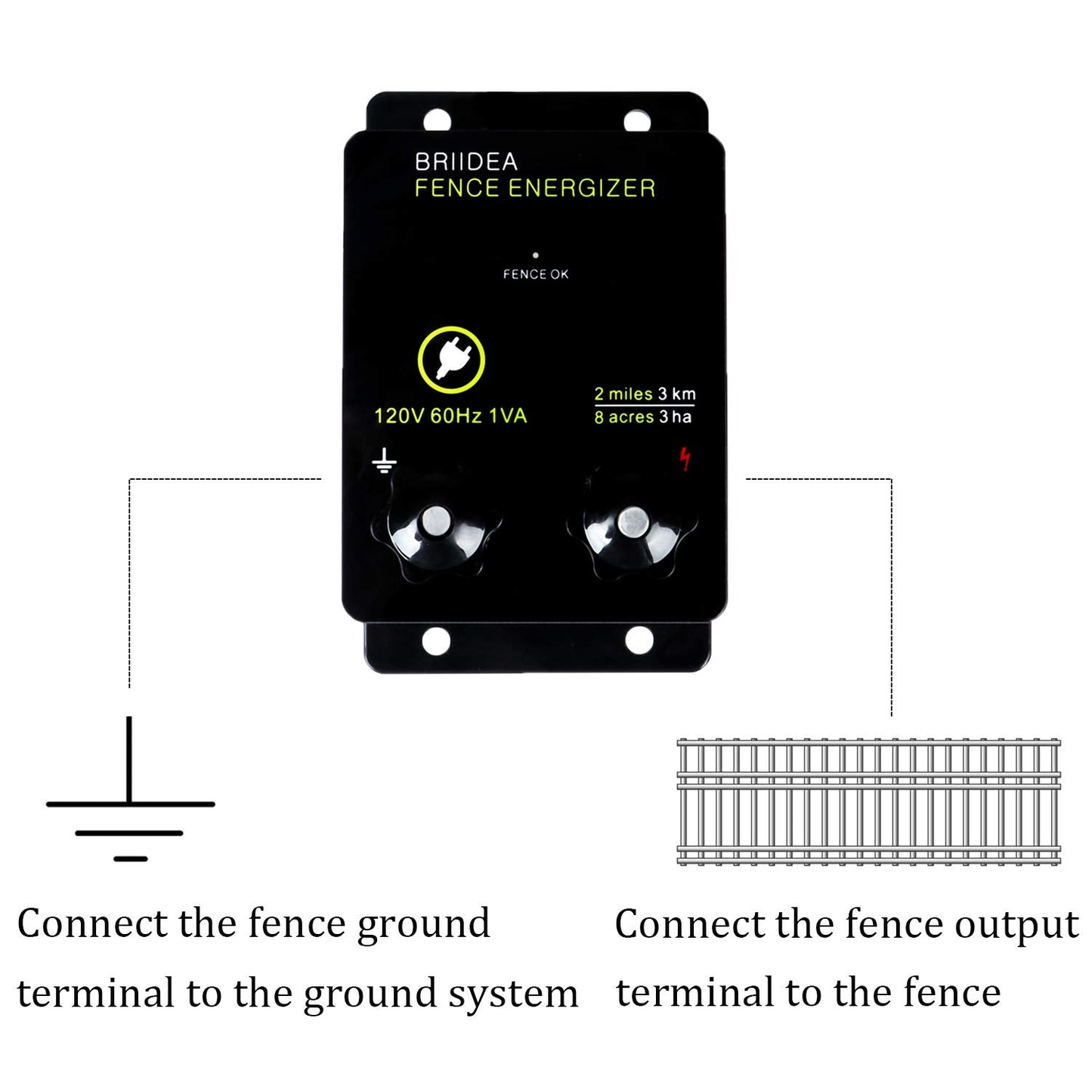 Briidea 2-Mile Electric Fence Energizer for Preventing Wild Animals Intruding 8 Acres Output Voltage 5000 V 0.1Joule