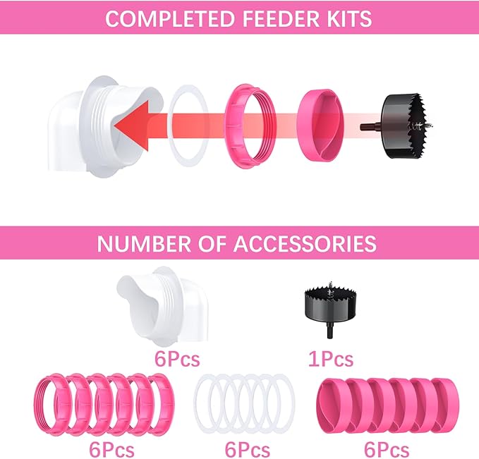 Chicken Feeders No Waste 6 Ports, 4 inch DIY Poultry Feeder with 6 Covers 1 Hole Saw, Rain Proof Automatic Gravity Chicken Feeder Kits for Buckets, Barrels, Bins, Troughs (Pink)
