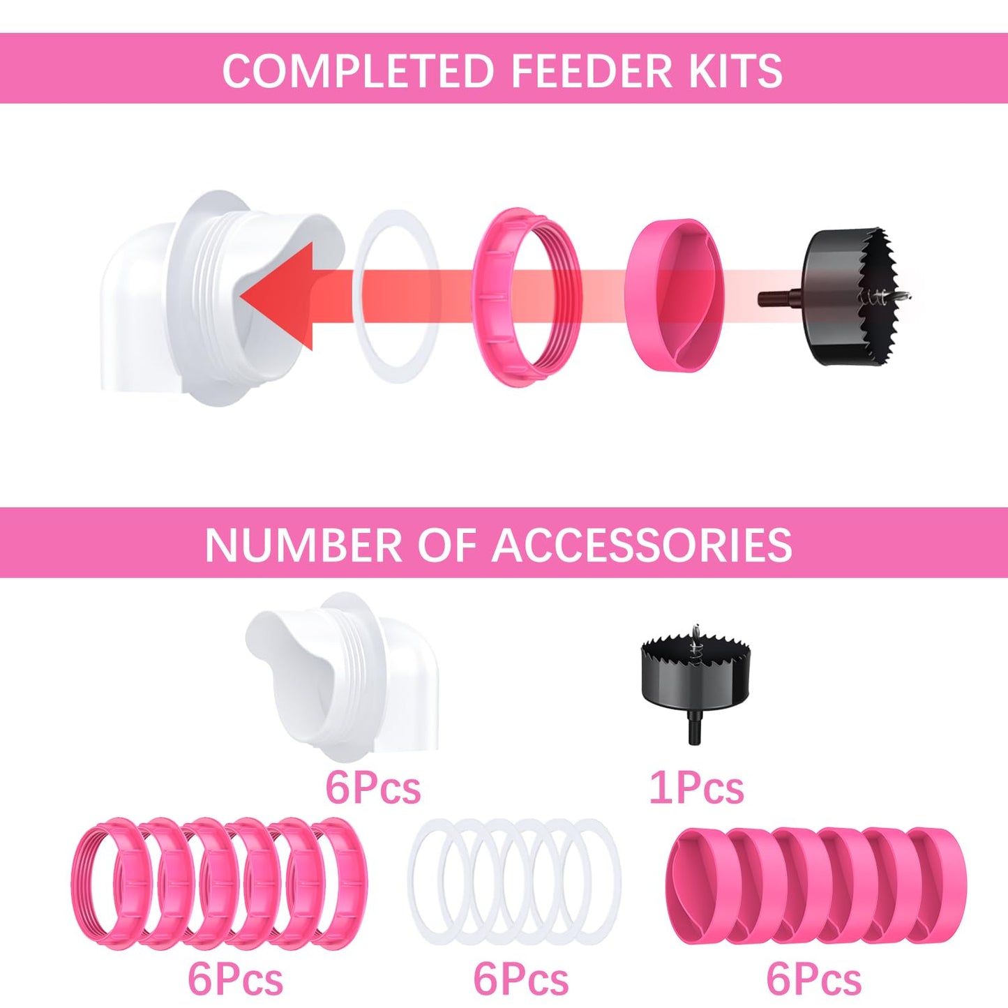 Chicken Feeders No Waste 6 Ports, 4 inch DIY Poultry Feeder with 6 Covers 1 Hole Saw, Rain Proof Automatic Gravity Chicken Feeder Kits for Buckets, Barrels, Bins, Troughs (Pink)