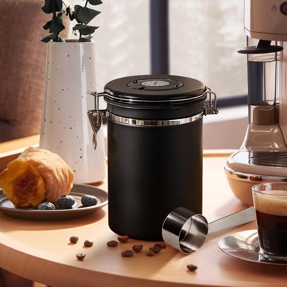 Joywoof Airtight Stainless Steel Coffee Canister,1.8L Coffee Bean Storage Container with Date Tracker and Scoop for Coffee Beans, Grounds, Tea, Flour, Cereal, Sugar, Large (Black)