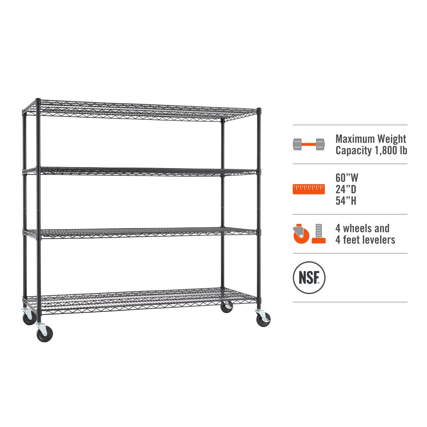TRINITY Basics 4-Tier Adjustable Wire Shelving with Wheels for Kitchen Organization, Garage Storage, Laundry Room, NSF Certified, 600 to 1800 Pound Capacity, 60” by 24” by 54”, Black