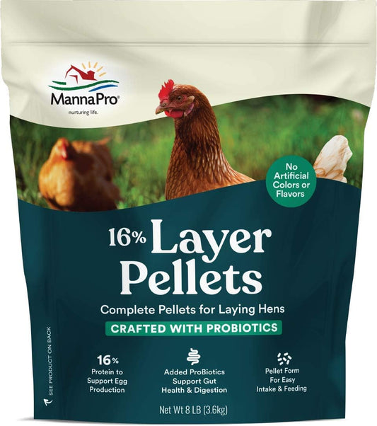 Manna Pro Layer Pellets Chicken Feed, 16% Protein Complete Feed for Laying Hens with Probiotics for Digestive Health, Nutrient-Rich Chicken Food Pellets for Egg Production, Made in USA, 8 lb Bag