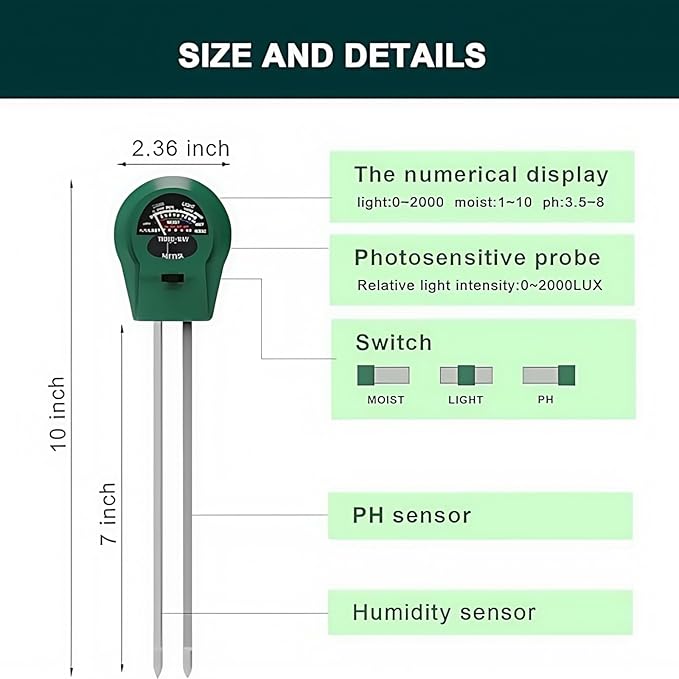 Soil Moisture Meter，3-in-1 Illumination Detection，pH Value，Humidity Multifunctional Soil ph Tester，Great for Garden, Lawn, Farm, Indoor & Outdoor Use，Soil Test kit，No Battery Required