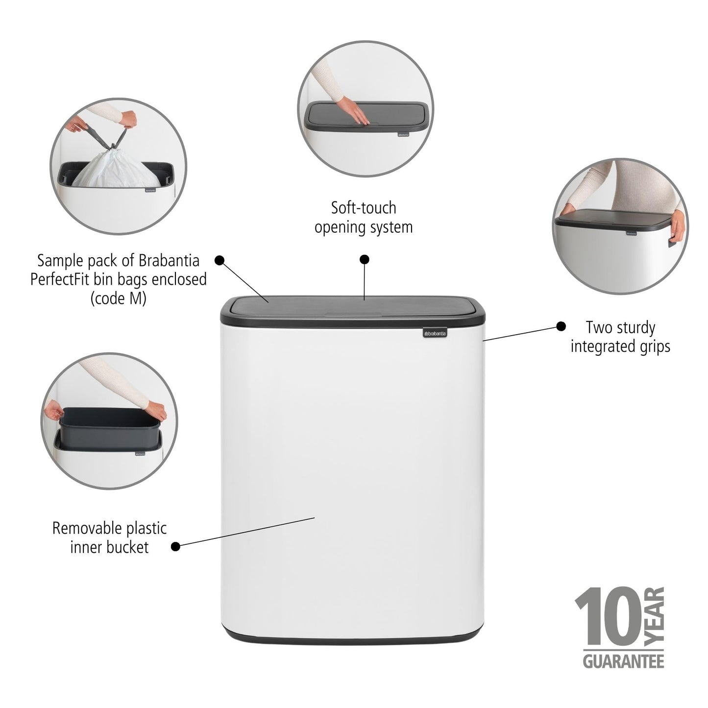 Brabantia Bo Touch Top Trash Can - 1 x 16 Gal Bucket (White) Soft Open/Close Kitchen Garbage & Recycling Can with Removable Compartment