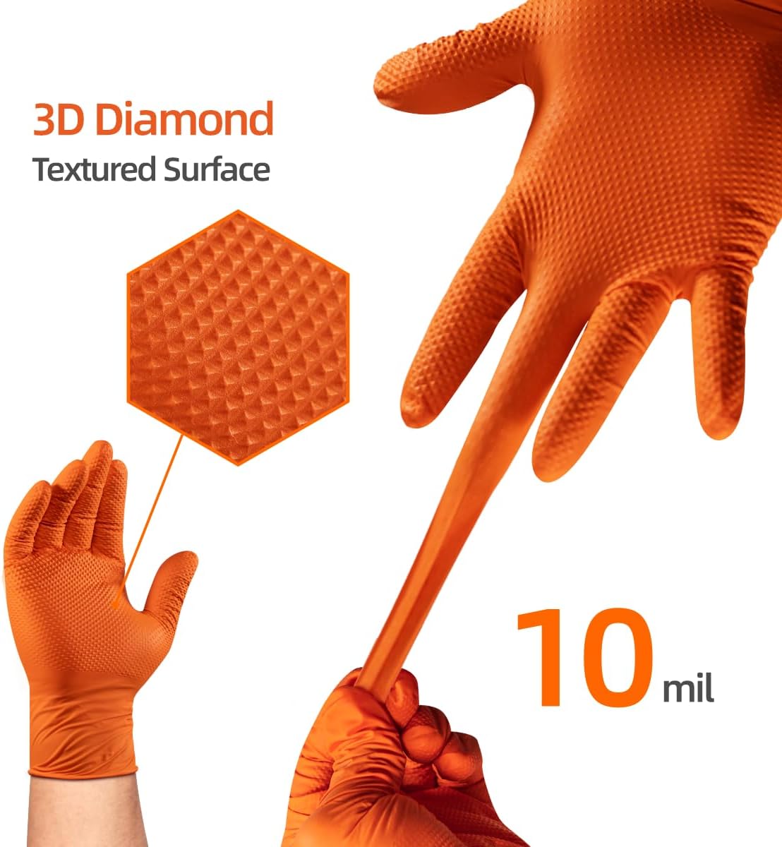 ANBOSON 10 Mil Nitrile Disposable Gloves Heavy Duty Mechanic Gloves Raised Diamond Texture Thick (Orange of 1000, Large)