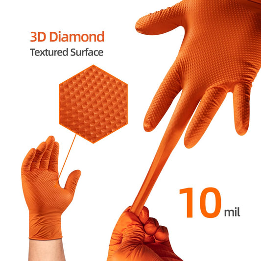 ANBOSON 10 Mil Nitrile Disposable Gloves Heavy Duty Mechanic Gloves Raised Diamond Texture Thick (Orange of 1000, Large)
