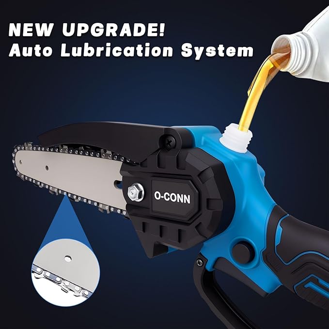 O-CONN Mini Chainsaw Cordless 6 Inch Handheld Chain Saw with Security Lock & Auto Oiler System, Portable Electric Small Chainsaw for Tree Branches, Courtyard, Household & Garden