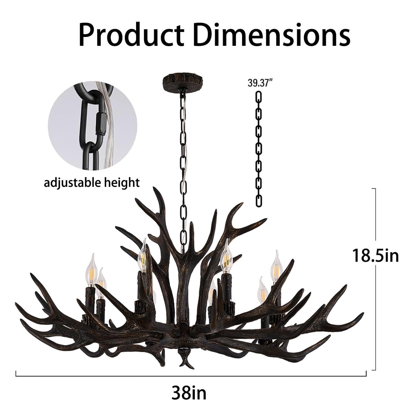 Uboxin Rustic Antler Chandelier Dark Brown 8 Light E12 Vintage Farmhouse Deer Horn Ceiling Light with Adjustable Chain for Living Room Dining Room Cabin Bar Cafe (8 Lights +3 Arms)