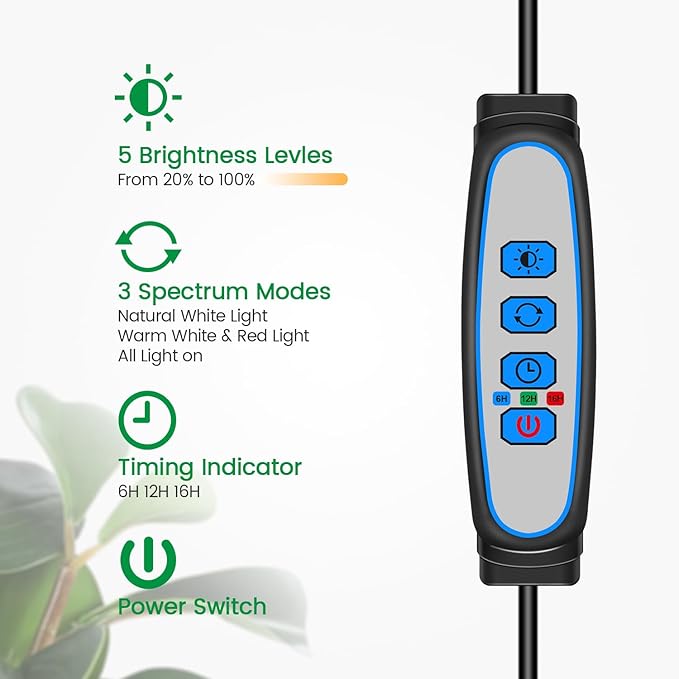 Garpsen Plant Light, Full Spectrum Grow Light with Gooseneck, 3 Colors Modes and 5 Dimmable Levels, 6/12/16H Timer, 65'' Height Adjustable Grow Lamp for Large Plants(3Pack)