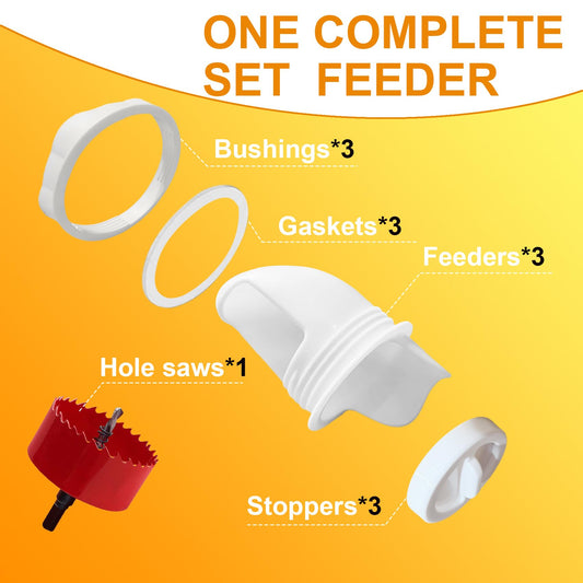 Diy Chicken Poultry Pro Feeder Port No Waste Mess Cups Kit for Gravity Automatic Chickens Bucket Feeder Pro Coop Feeder and Waterer Food Dispenser Set System Equipment for Buckets Barrels Bins Troughs
