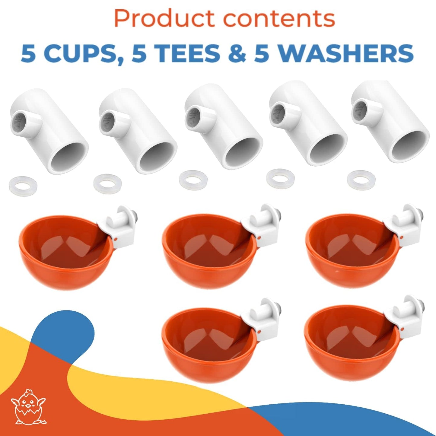 Lil'Clucker Large Automatic Chicken Waterer Cups with 1/2" PVC Tee Fittings - Chicken Water Cups, Chicken Water Feeder, for Chicks, Duck, Goose, Turkey - Poultry Waterer Feeder Kit (Orange, 5-Pack)