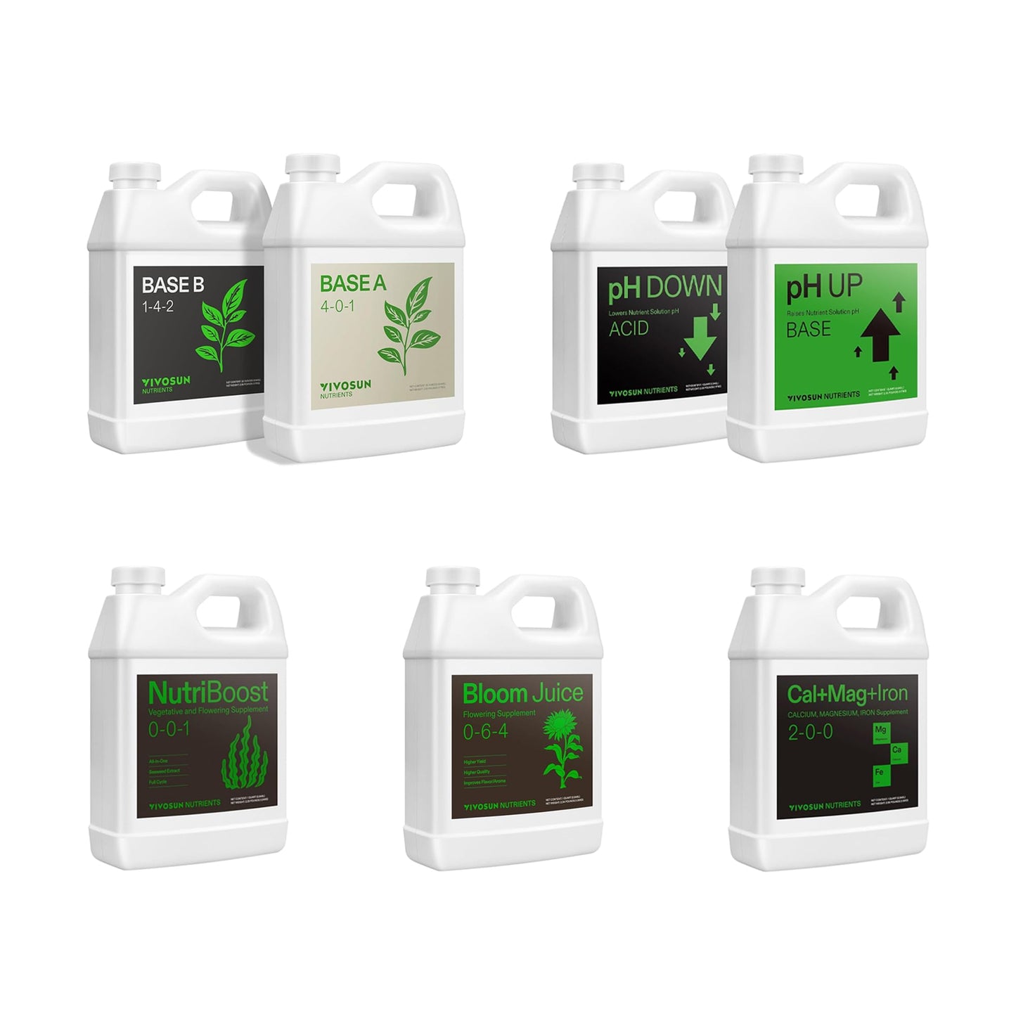 VIVOSUN Nutrient Solution Complete Set, Base A & B Bundle, Bloom Juice (0-6-4), Flowering Supplement Fertilizer, Cal+Mag+Iron (2-0-0), Calcium, Seaweed and Kelp Fertilizer and pH Up & pH Down Kit