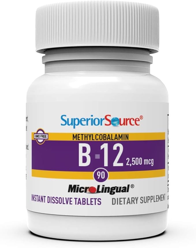Superior Source No Shot Vitamin B12 Methylcobalamin 2,500 mcg, Quick Dissolve MicroLingual Tablets, 90 Count, Active Form of B12, Supports Energy Production, Nervous System Support, Non-GMO