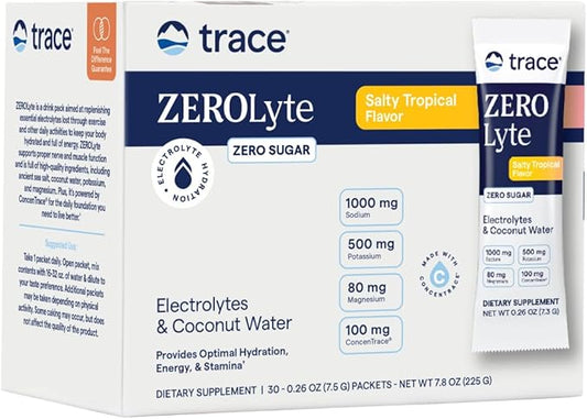 Trace Minerals ZeroLyte Salty Tropical Flavor - Sugar Free Electrolyte Drink Mix - Supports Hydration, Energy, Stamina - Ancient Sea Salt, Full Spectrum Minerals, Coconut Water - 30 Packets