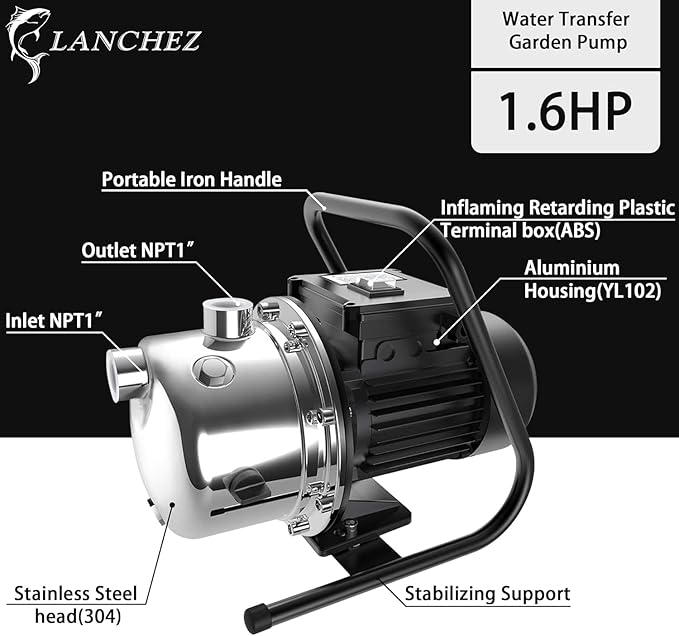 LANCHEZ 1.6 HP Portable Shallow Well Pump, 1162 GPH Stainless Steel Sprinkler Pump, 115V Water Transfer for Garden Draining and Lawn Irrigation
