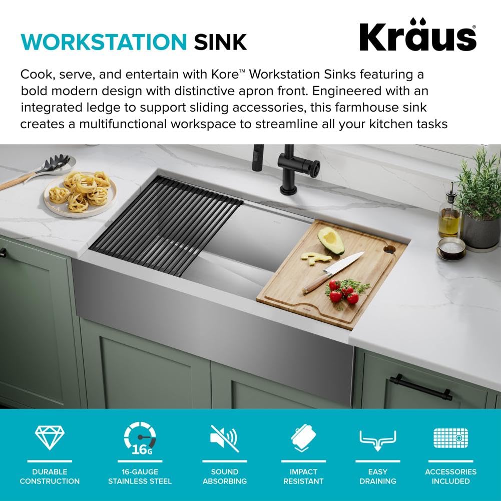 KRAUS Kore 36-Inch Modern Farmhouse Workstation 16 Gauge Single Bowl Stainless Steel Kitchen Sink with Accessories, KWF410-36