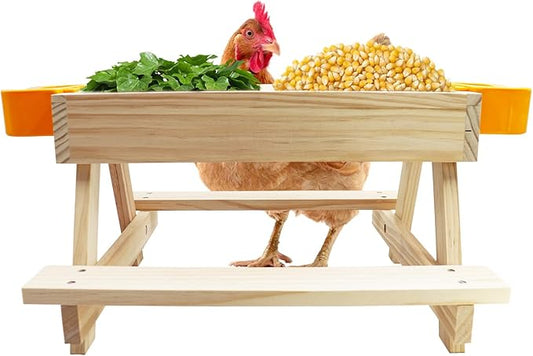 Chicken Coop Accessories, Chicken Picnic Table Feeder, Wooden Picnic Table with Water Bowls, No Waste Feeder for Hens, Ducks, Turkeys, Geese, and Other Poultry