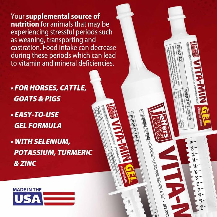 Jeffers Vita-Min Gel for Livestock & Horses – Multivitamin & Mineral Supplement with Selenium, Zinc, Potassium & Turmeric – Easy Oral Gel for Cattle, Goats, Sheep & Pig – 300 cc Tube