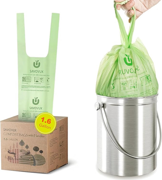 1.2–1.6 Gallon Compostable Bags with Handles, 100 Count Small Kitchen Countertop Bin Liners, Mini Food Scrap Waste Bags, BPI & OK Compost Home Certified