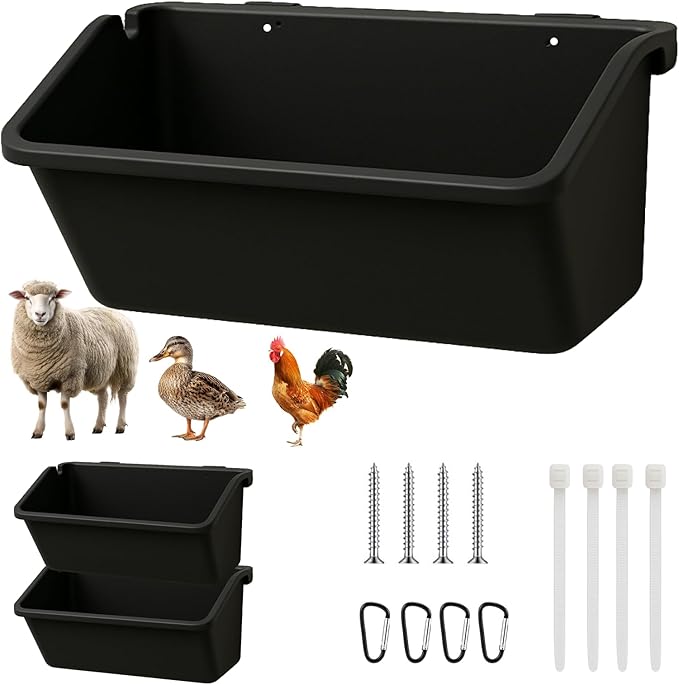 Hanging Chicken Feeder Troughs (2Pack, 5 Qt) – Durable Black Plastic Poultry Feed & Water Buckets with Metal D‑Clips, Multi‑Animal Goat, Sheep, Duck, Pig, Horse, Chicken Coop Feeder