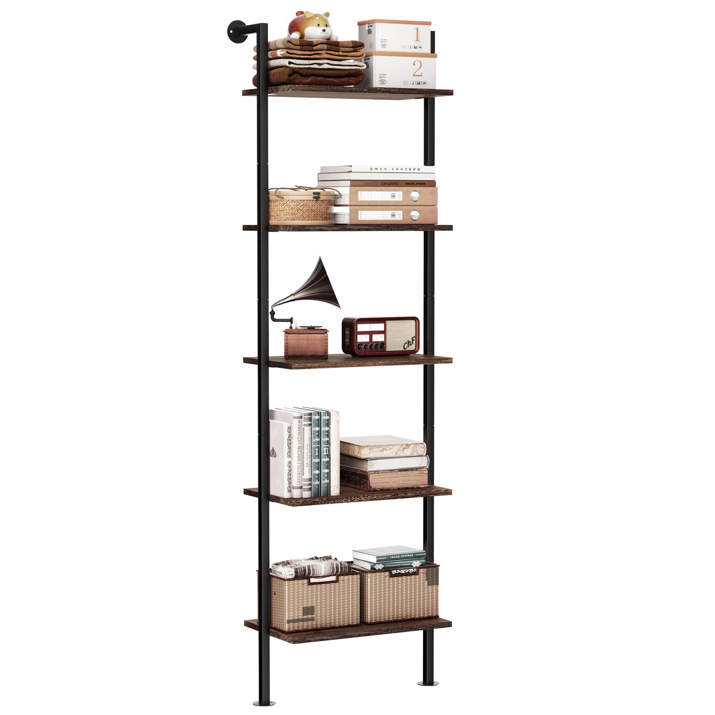 5-Tier Solid Wood Narrow Ladder Shelf, Wall Mount Bookcase, Storage Rack for Living Room, Bedroom, Industrial Style, Dark Brown