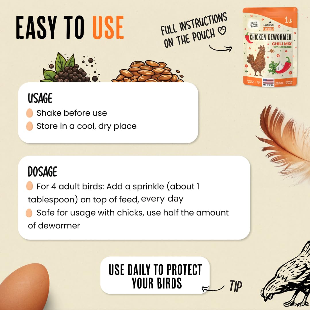 Roosty's Naturals Chicken De-Wormer Powder - Chili Mix | 1LB Pouch | All-Natural Formula | US-Made Chicken Wormer, Poultry De-Wormer