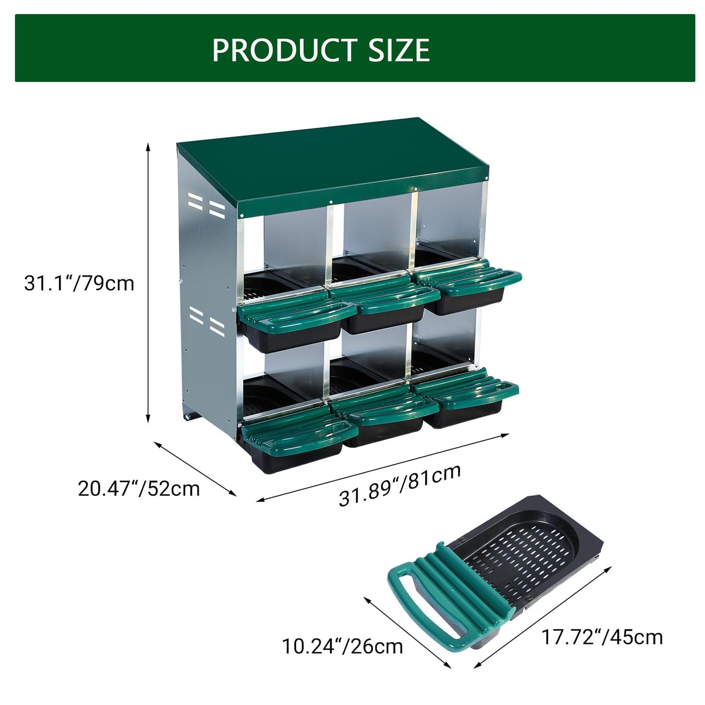 Chicken Nesting Boxes, 6 Holes Metal Chicken Egg Laying Box with Swing Perch and Rollout Egg Collection,for Various Chicken Breeds Without Stand - Green 0.6mm