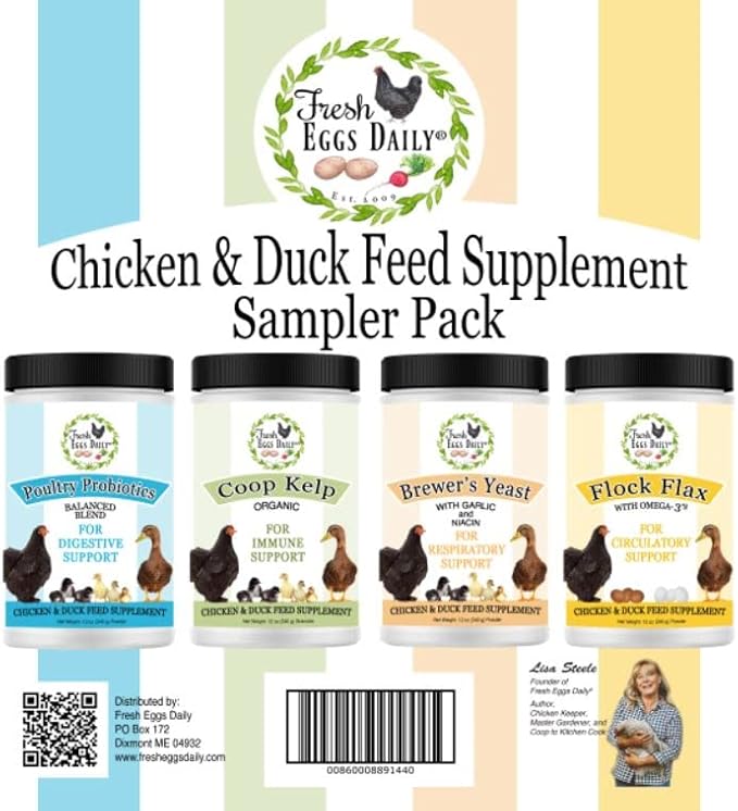 Fresh Eggs Daily Chicken and Duck Natural Feed Supplement Sampler 4-Pack Includes 12 oz. Poultry Probiotics Organic Coop Kelp Brewers Yeast with Garlic Flock Flax