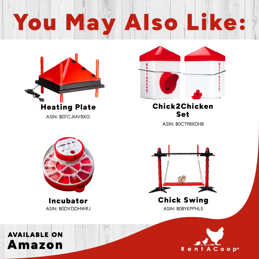 RentACoop Big Red Barn Chick Brooder Set with Heating Plate and Anti-Roost Cone, Two Chick Feeders, Two Chick Drinkers, Swing, Hatchling Liners, Jute Liner, LED Light, Security Latch