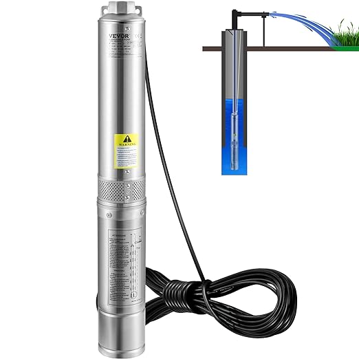 VEVOR Deep Well Submersible Pump, 3HP/2200W 230V/60Hz, 37GPM Flow 640 ft Head, with 33 ft Electric Cord, 4 inch Stainless Steel Water Pumps for Industrial, Irrigation & Home Use, IP68 Waterproof Grade