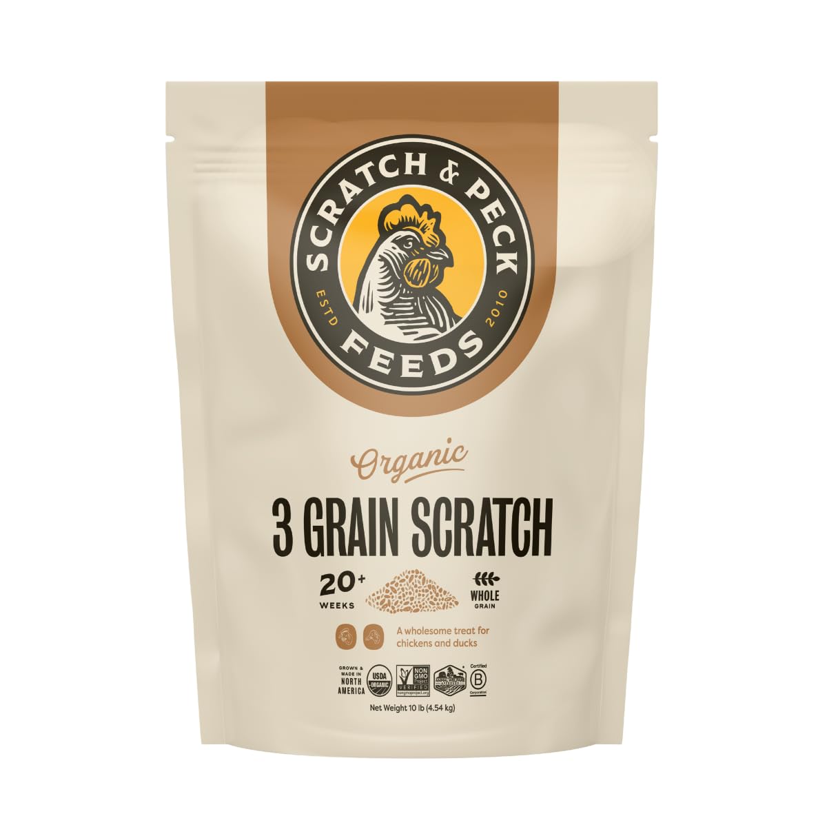 Scratch and Peck 3 Grain Scratch Chicken and Duck Supplemental Grain - 10 lbs Bag - Corn-Free and Soy-Free - 9.8% Protein, Certified Organic and Non-GMO Project Verified Chicken Food