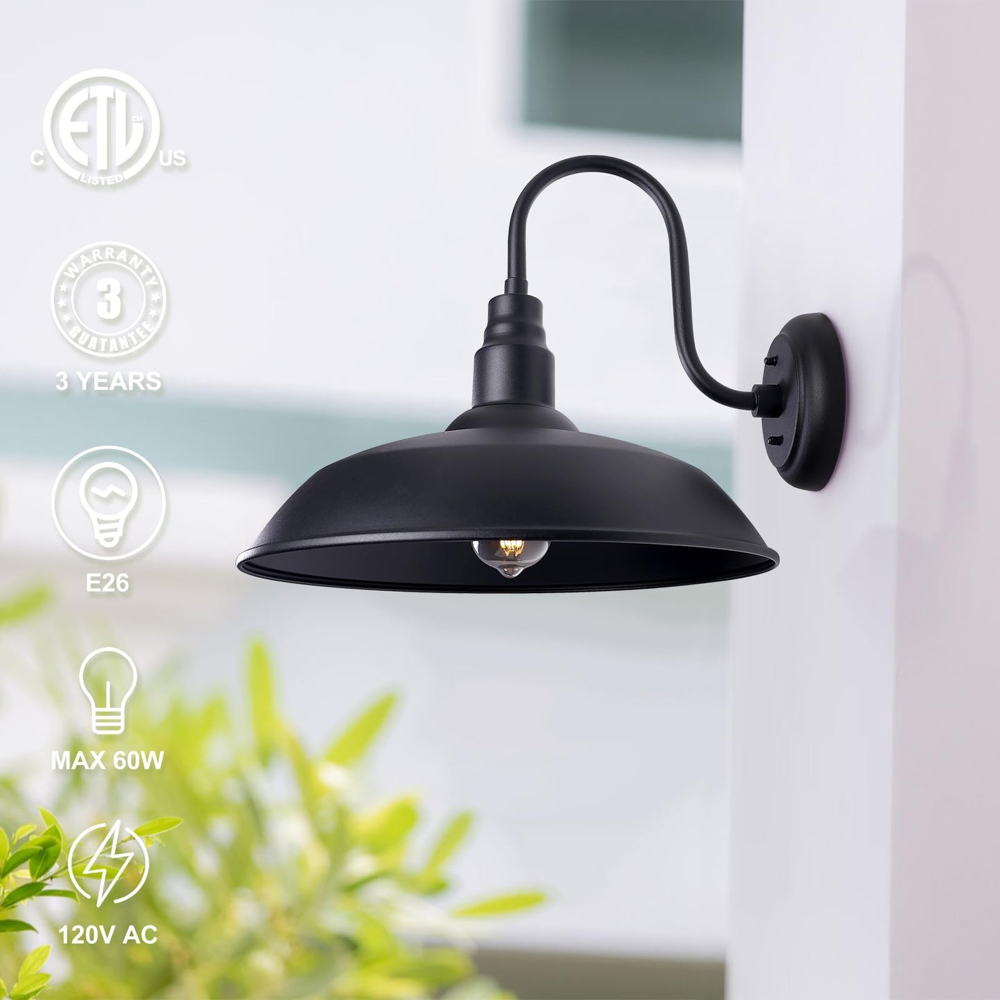 Large Black Gooseneck Barn Light for Farmhouse, 16in Dome Outdoor Wall Lights for Porch, 4 Pack Exterior Lighting Fixture with Goose Neck Arm for Front and Back Porch House Garage Door