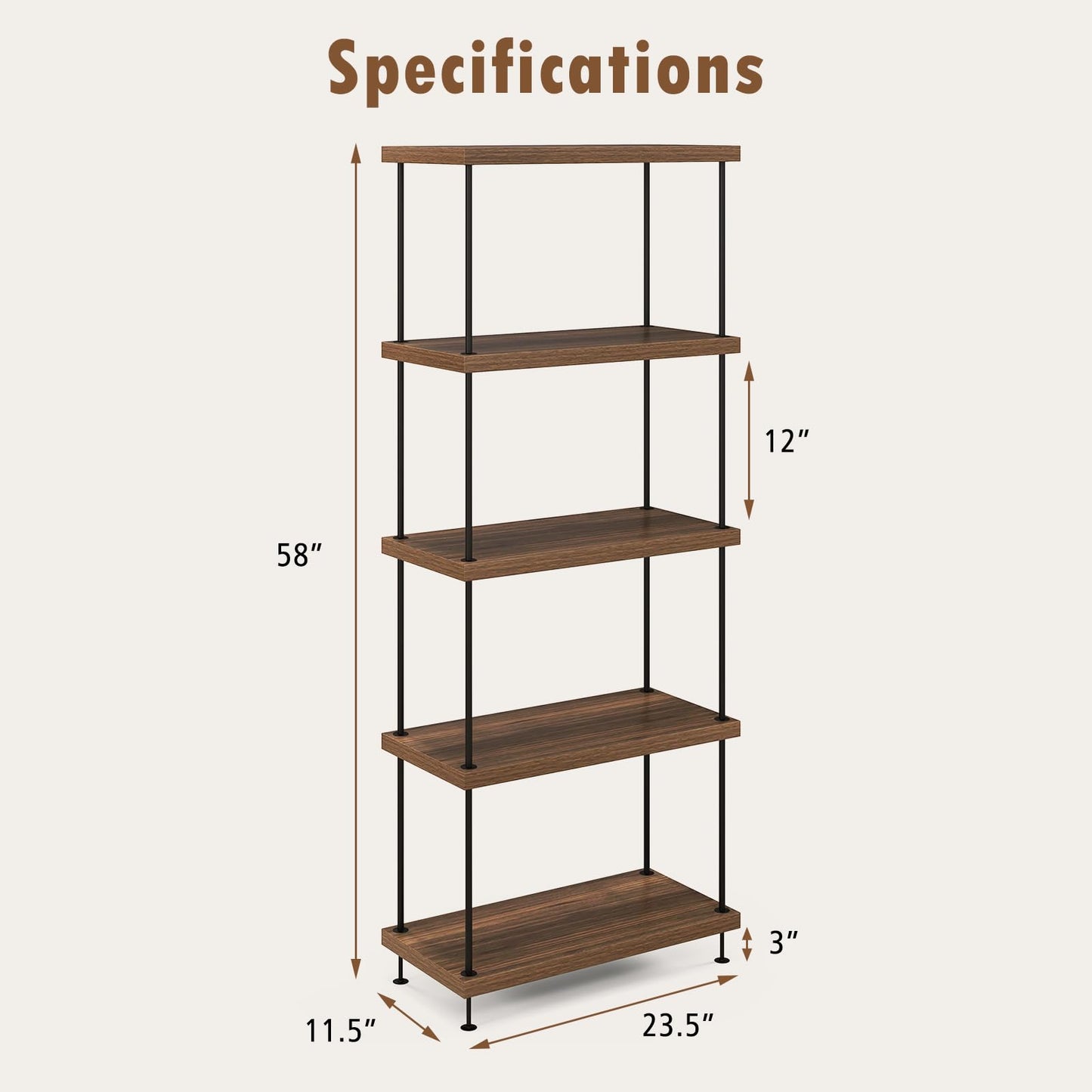 Giantex 5-Tier Open-Back Bookshelf, Freestanding Display Rack, Metal Frame Storage Shelf, Industrial Style Bookcase, Home Organizer Unit for Living Room, Bedroom, Study