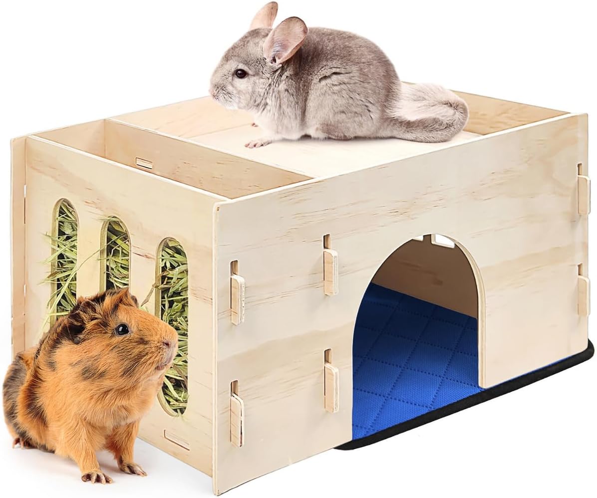 TiereCare Guinea Pig Hideout with Hay Feeder & Absorbent Mat, Wooden Chinchilla House with Multiple Window, Small Animal Hut Castle for Dwarf Rabbit