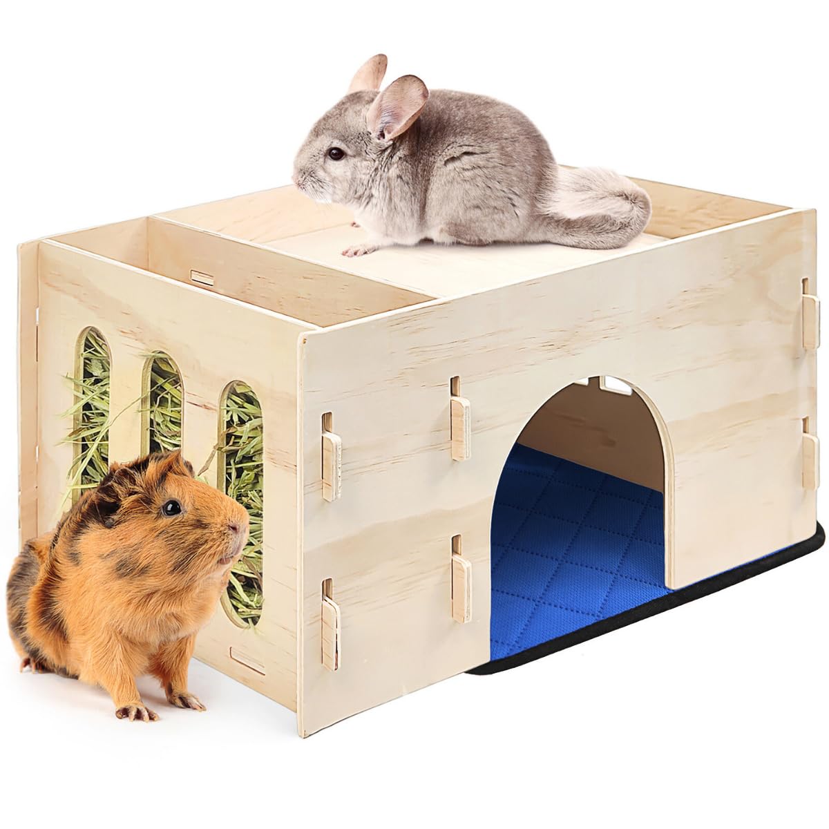 TiereCare Guinea Pig Hideout with Hay Feeder & Absorbent Mat, Wooden Chinchilla House with Multiple Window, Small Animal Hut Castle for Dwarf Rabbit
