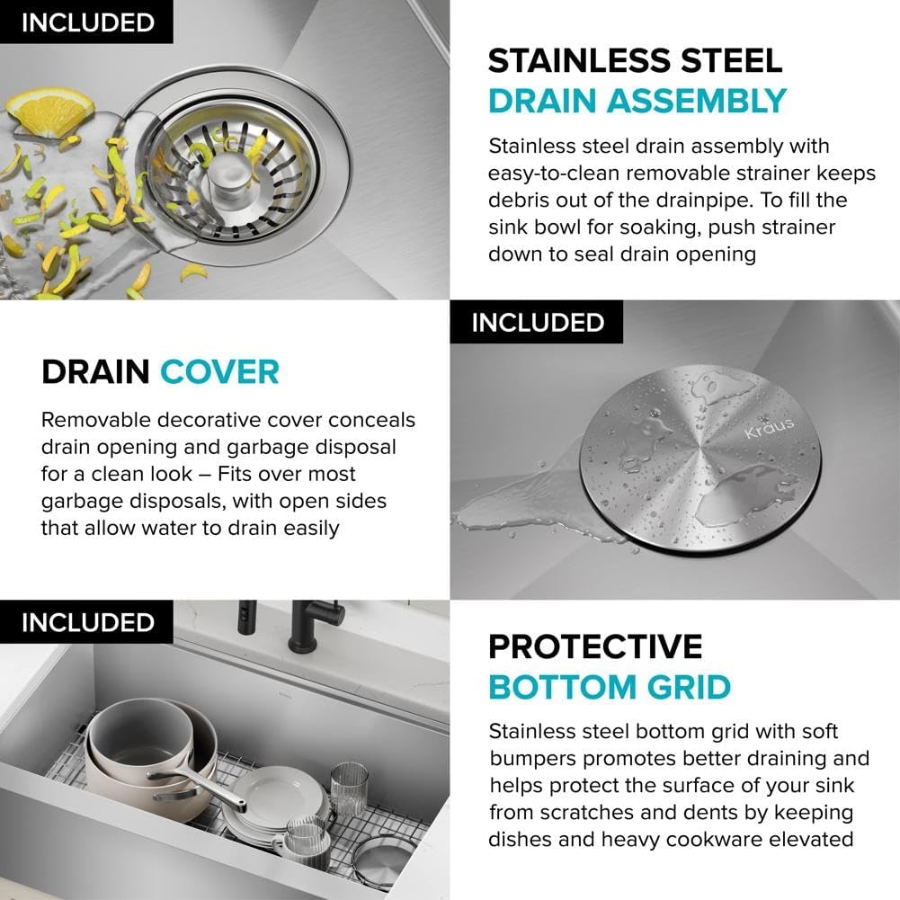 KRAUS Kore 36-Inch Modern Farmhouse Workstation 16 Gauge Single Bowl Stainless Steel Kitchen Sink with Accessories, KWF410-36
