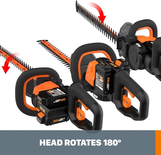 WORX WG284.1 26" 40V Cordless Hedge Trimmer, Electric Hedge Trimmer with Dual-Action Blades, Brushless Bush Trimmer with 180° Rotating Handle, 2 Batteries & Charger Included