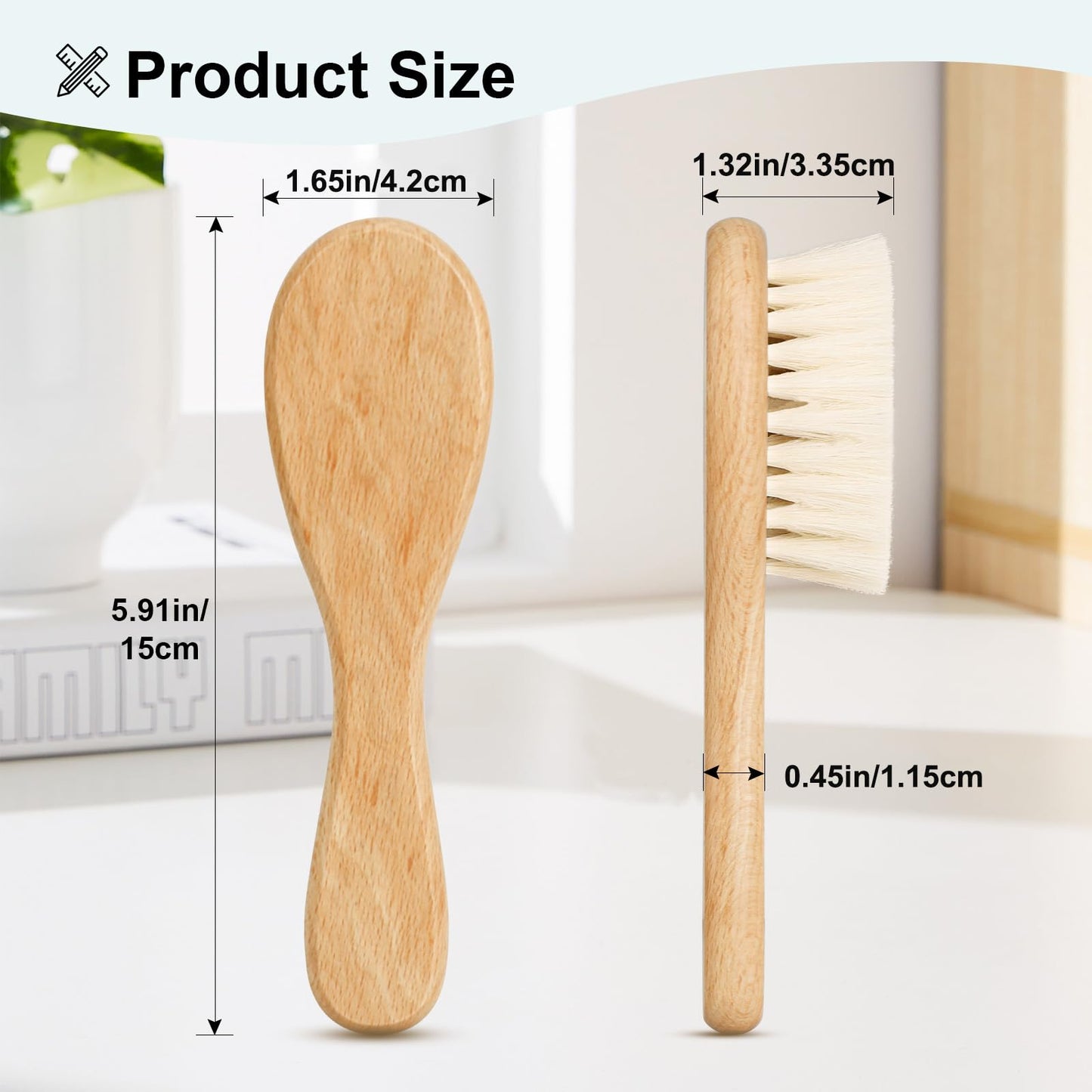 Molylove Baby Hair Brush with Wooden Handle and Comb Set for Newborns & Toddlers | Natural Soft Goat Bristles l Wood Comb l Green Cradle Cap Brush | Ideal for Cradle Cap (3 Piece)