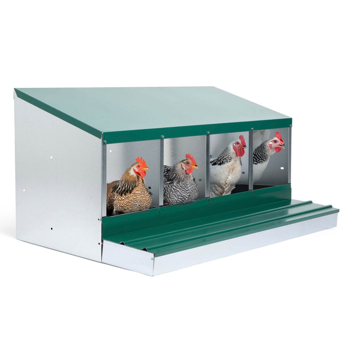 Homestead Essentials Deluxe Metal 4 Compartment, Forward Rollout & Rollaway, Hen & Chicken Nesting Box with Universal Easy Access Protective Egg Laying Collection Lid