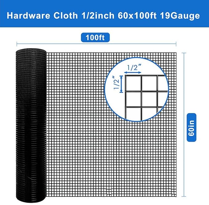 Vinyl Coated Hardware Cloth Roll 1/2 inch 60" x 100' - Handy Chicken Wire Fence Roll for Garden Fencing, Welded Wire Fencing,& Chicken Coop Needs