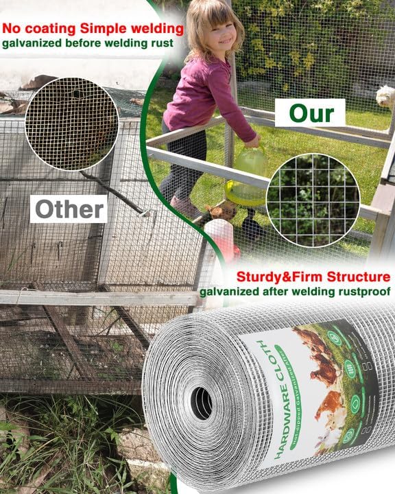 1/2" x 48" x 100FT Silver Hardware Cloth - Hot-Dip Galvanized Chicken Wire Fencing, 19 Gauge Welded Wire Mesh Roll for Chicken Coop, Rabbit, Snake, Deer Fencing and Garden/Tree Protection