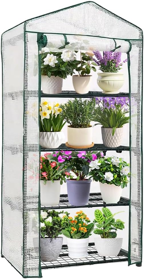 4-Tier Mini Greenhouse, Green House for Flower Indoor Outdoor, Portable Plant Outdoor Cage with Heavy Duty PVC Clear Cover & Steel Frame,Greenhouse for Seed Starting, Mushroom,Vegetables